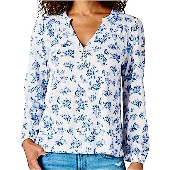 LUCKY BRAND BLUE WHITE FLORAL TOP PEASANT BLOUSE COTTAGE-CORE MEDIUM - Picture 1 of 12